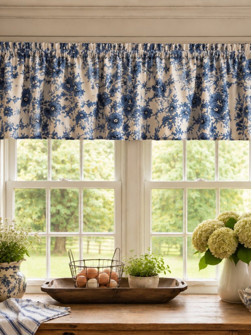 Vintage Blue & White Floral Toile Curtain Valance 80” x 15.75” Cottage Country